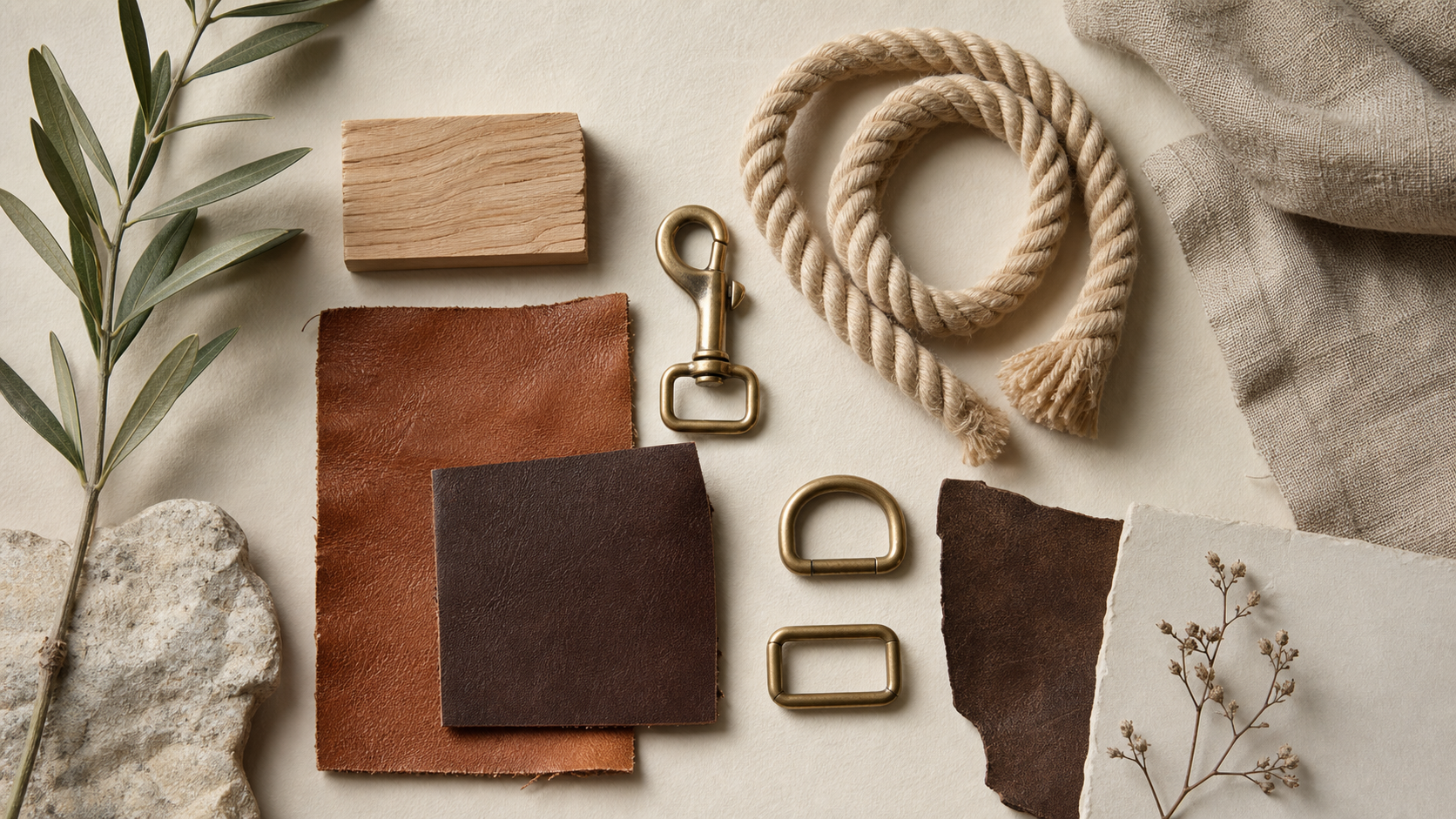 Moodboard aus Leder, Naturseil, Messing, Leinen, Holz und gedeckten Naturfarben