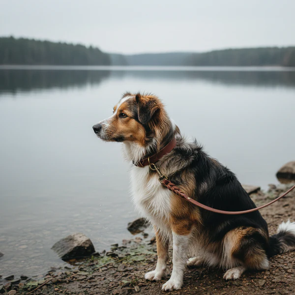 Hund mit passendem Lederhalsband und Leine am See