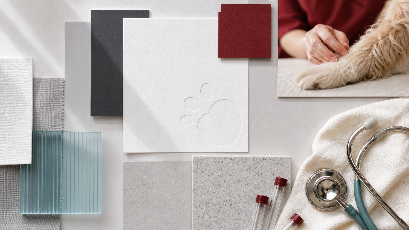 Moodboard in Weiß, Grau, Türkis und Bordeaux mit Details aus der Tiermedizin